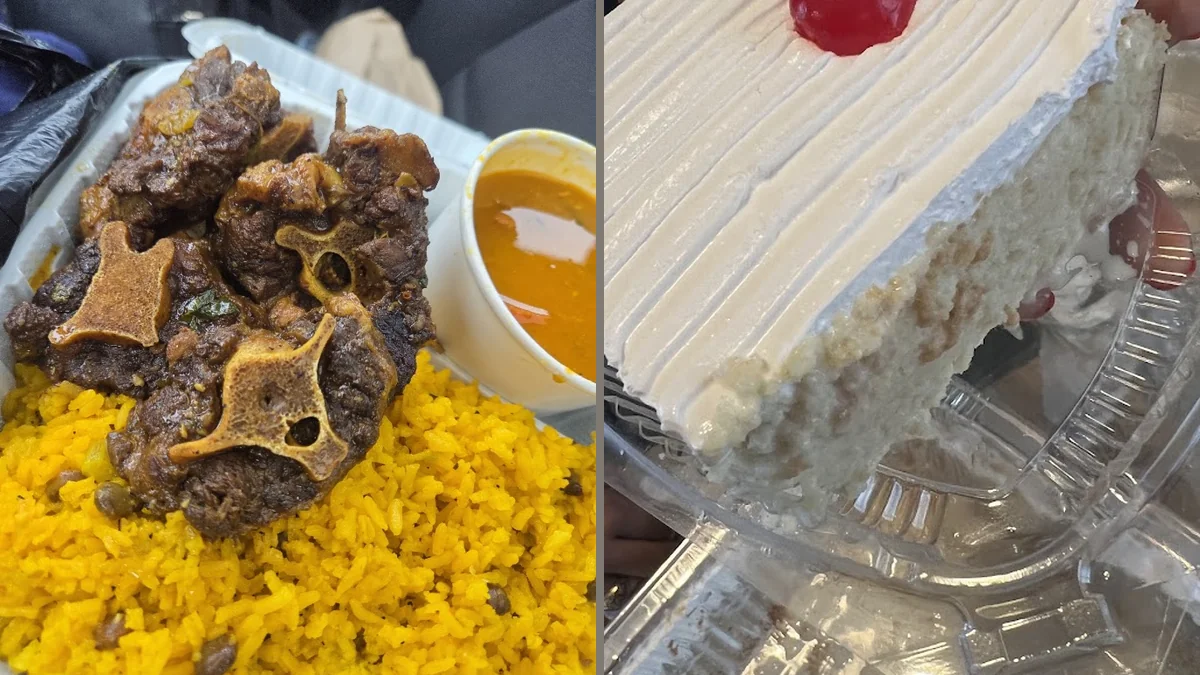 Plates of rice, beans, and roast pork