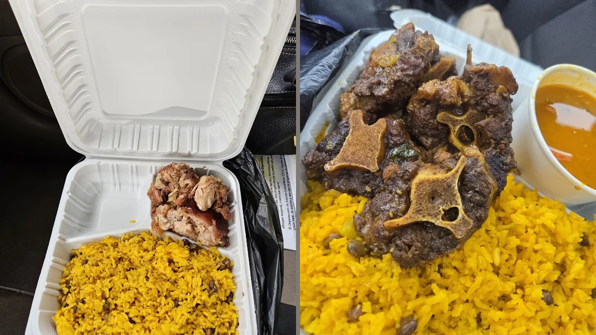 Plates of rice, beans, and roast pork